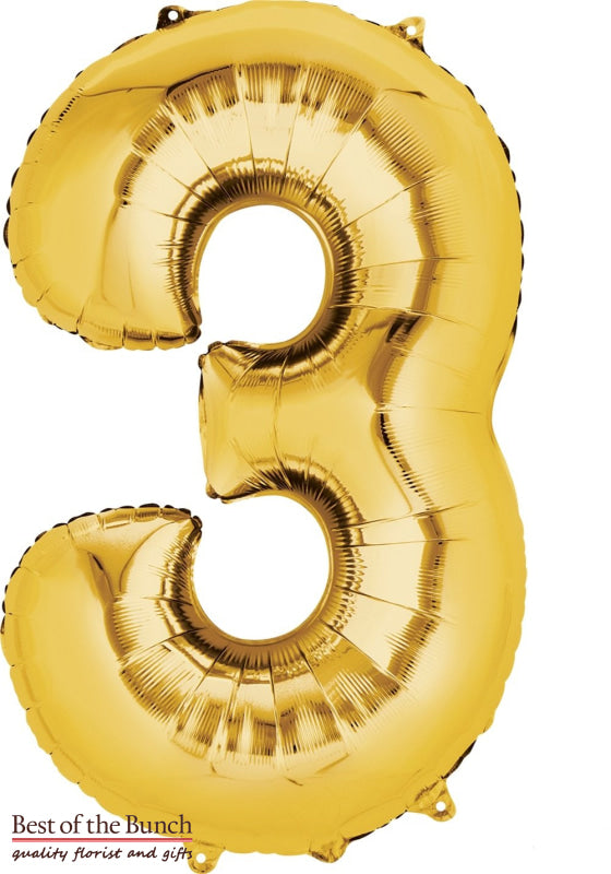 Giant XXL Extra Large Number 3 Gold Foil Helium Balloon 86cm (34") - Best of the Bunch Florist Wellington