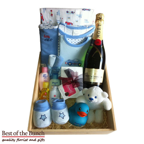 New baby boy quality cotton gift box gift set and gift basket gift hamper delivered Wellington same day delivery. New baby boy gift box gift set gift basket and gift hamper ideas for new baby boys and new parents gift ideas shop online. New baby boy gift box gift set gift baskets gift boxes and gift hampers for mum and dad NZ.