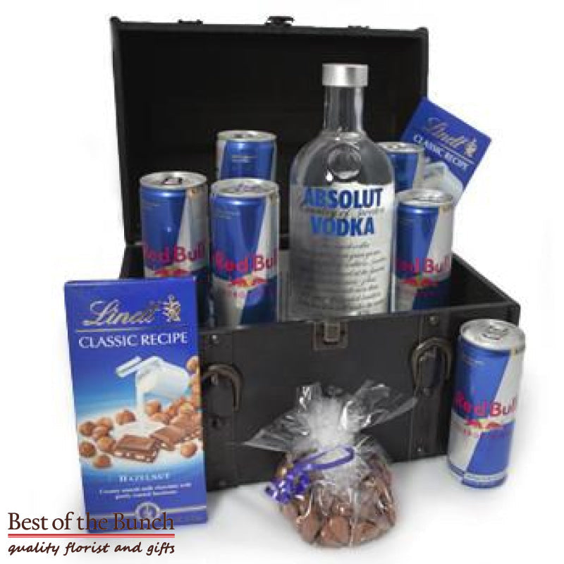 Absolut vodka and Red Bull with chocolate gifts boxes gift baskets and gift hampers same day delivery Wellington. Vodka and red bull with chocolates gift boxes, baskets and hampers delivered same day in Wellington & New Zealand wide order online. Vodka Red Bull gifts ideas same day delivery Wellington delivered