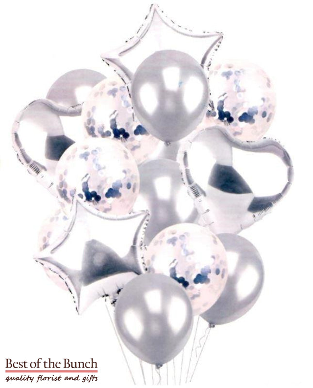 Silver Helium Balloon Bouquet of Mixed Foil, Latex & Confetti Balloons - Best of the Bunch Florist Wellington